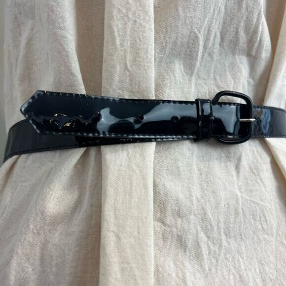 Vintage Faux Patent Leather Black Shiny Slim Waist Belt 80s Retro Whimsigoth - Picture 14 of 15